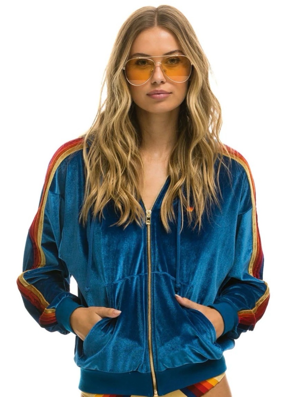 Aviator Nation Classic Velvet Hoodie with Rainbow Sleeve Stripes